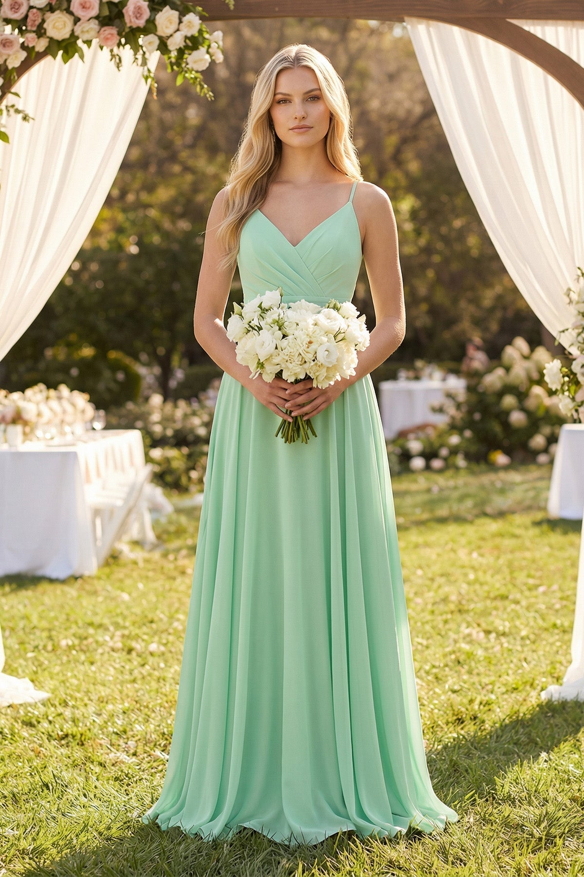 Spaghetti Strap A-Line Chiffon Bridesmaid Dress in Pale Pistachio