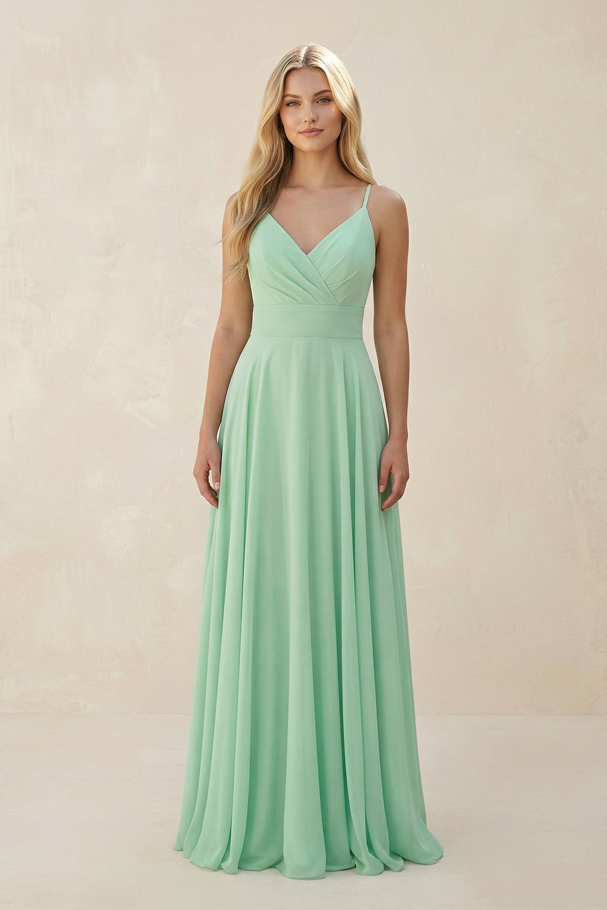 Spaghetti Strap A-Line Chiffon Bridesmaid Dress in Pale Pistachio
