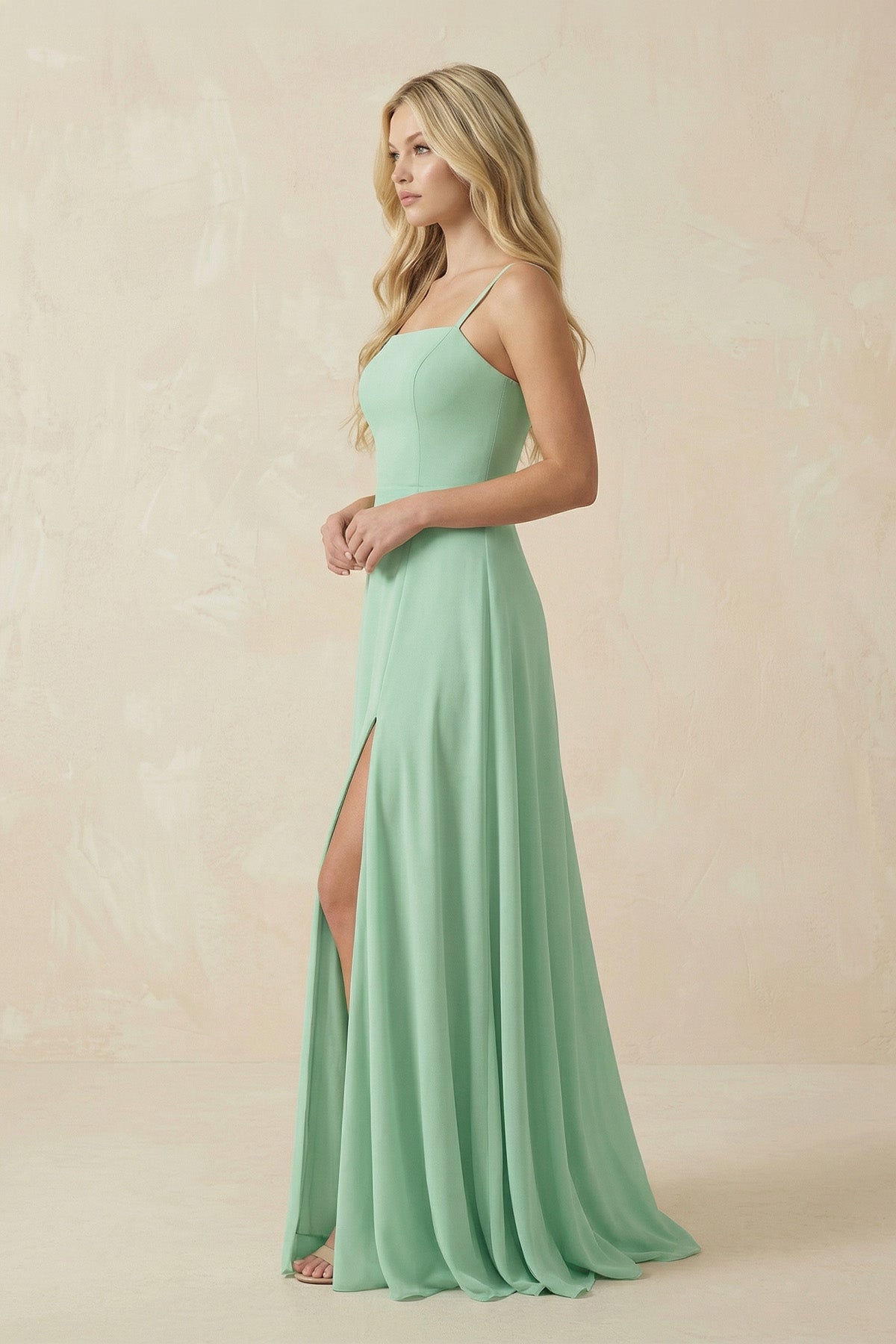 Spaghetti Strap Chiffon A-Line Bridesmaid Dress in Pale Pistachio