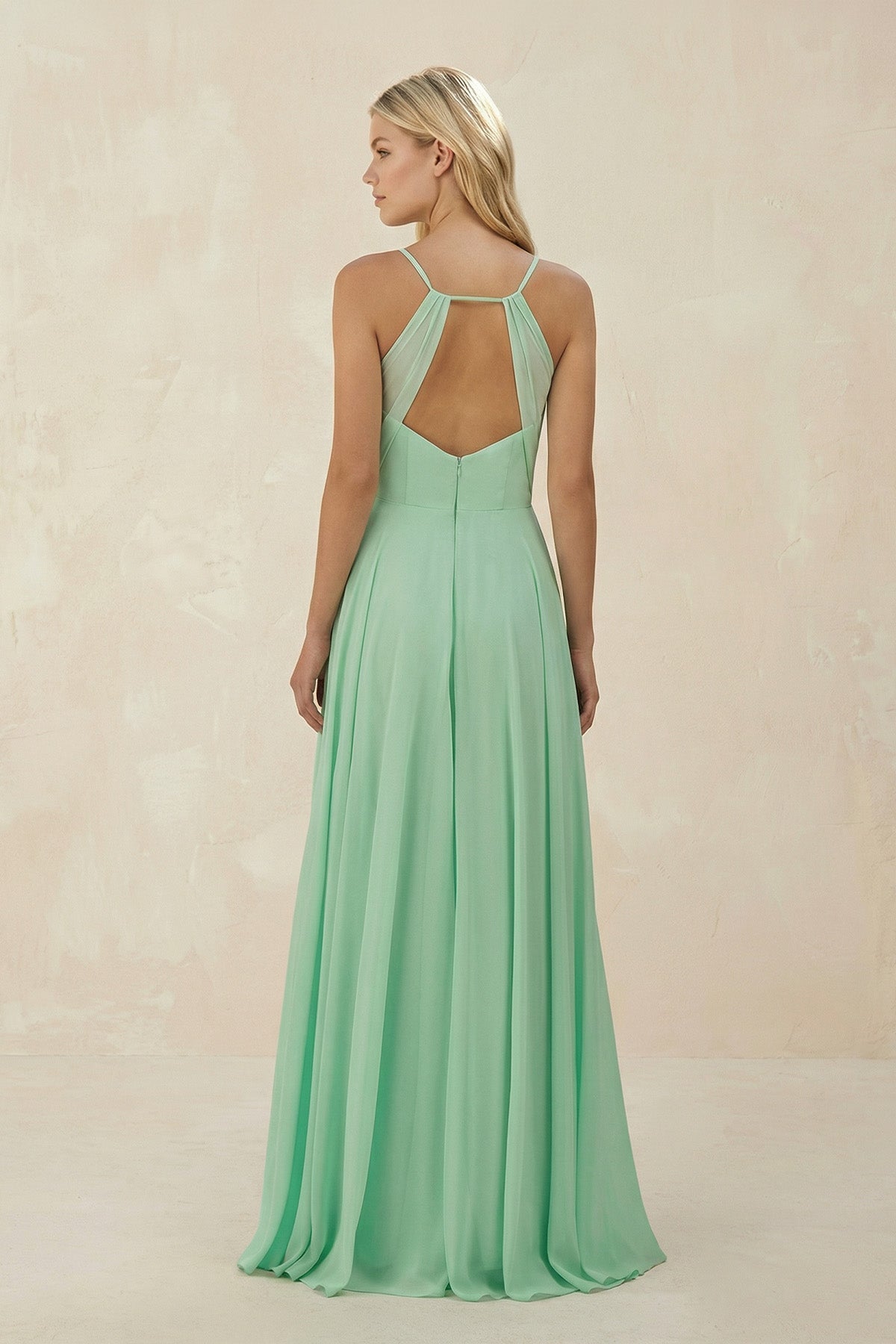 Spaghetti Strap A-Line Chiffon Bridesmaid Dress in Pale Pistachio