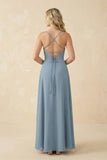 A-Line Chiffon Spaghetti Strap Bridesmaid Dress in Neptune