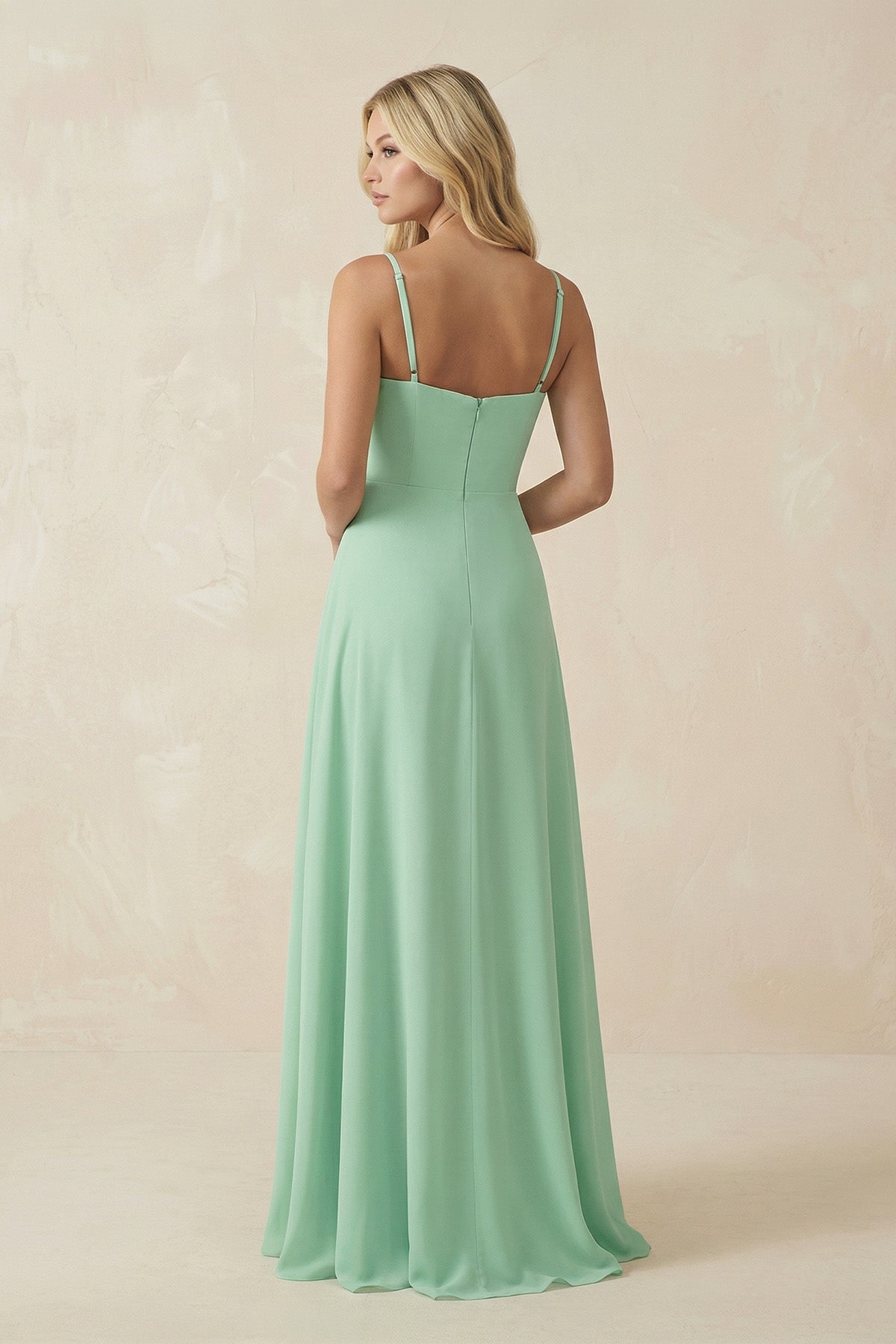 Spaghetti Strap Chiffon A-Line Bridesmaid Dress in Pale Pistachio