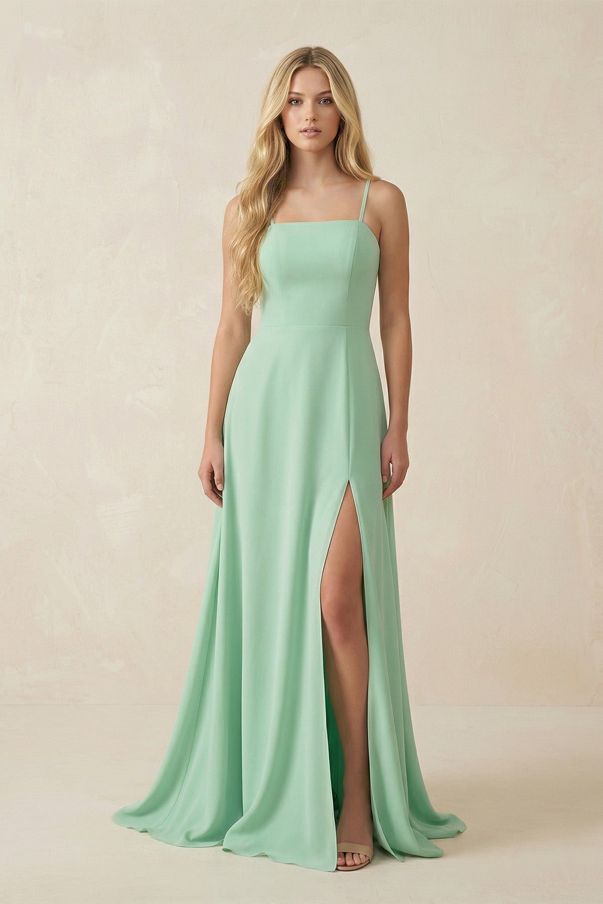 Spaghetti Strap Chiffon A-Line Bridesmaid Dress in Pale Pistachio
