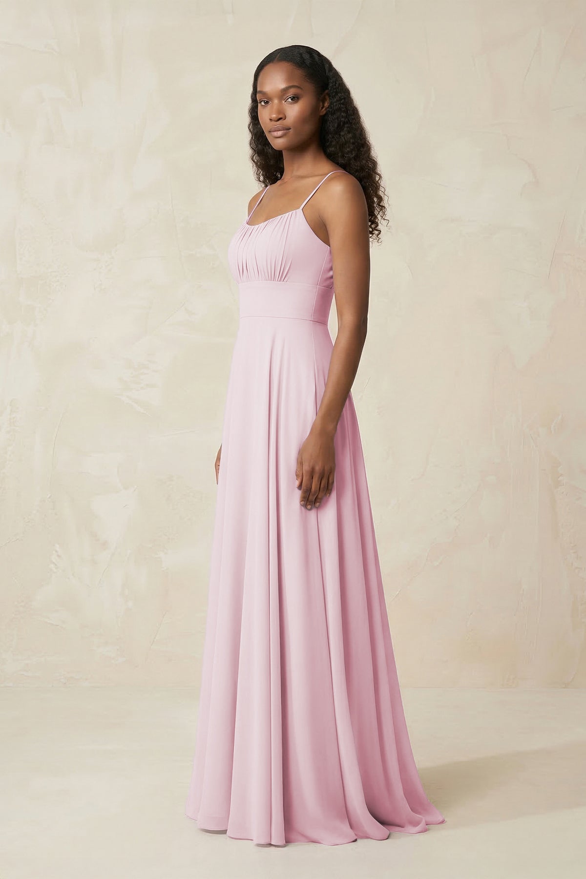 A-Line Ruched Chiffon Spaghetti Strap Bridesmaid Dress in Candy Pink