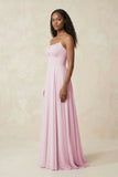 A-Line Ruched Chiffon Spaghetti Strap Bridesmaid Dress in Candy Pink