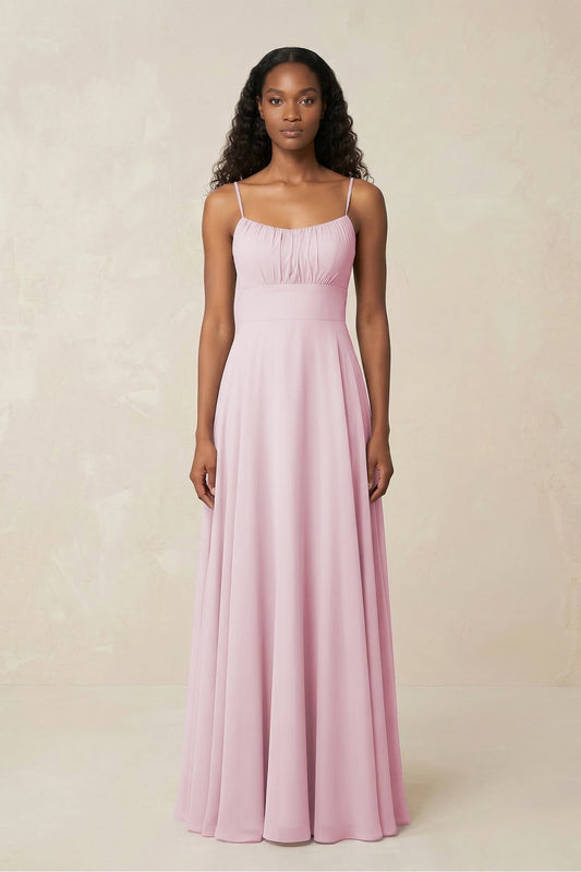 A-Line Ruched Chiffon Spaghetti Strap Bridesmaid Dress in Candy Pink