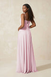 A-Line Ruched Chiffon Spaghetti Strap Bridesmaid Dress in Candy Pink