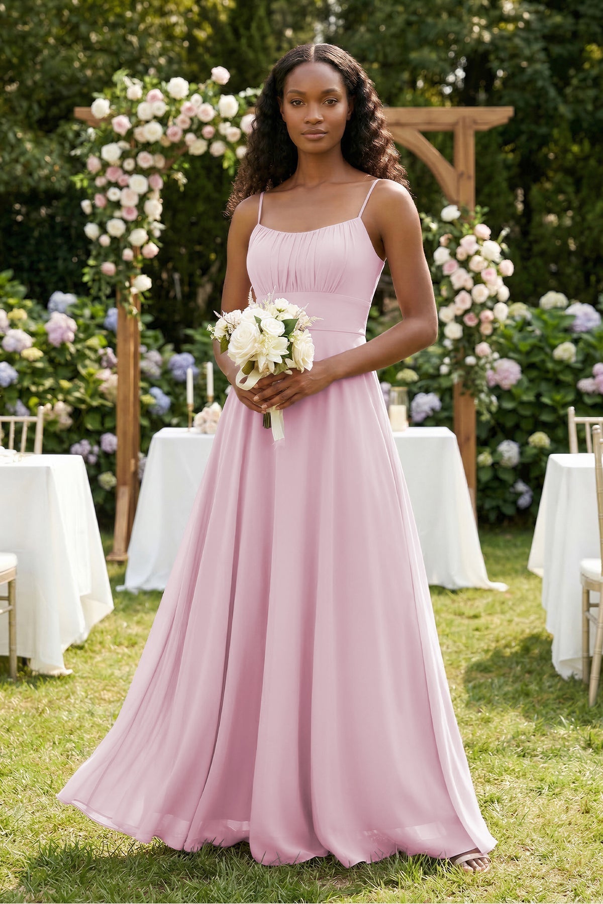 A-Line Ruched Chiffon Spaghetti Strap Bridesmaid Dress in Candy Pink – kingbridals