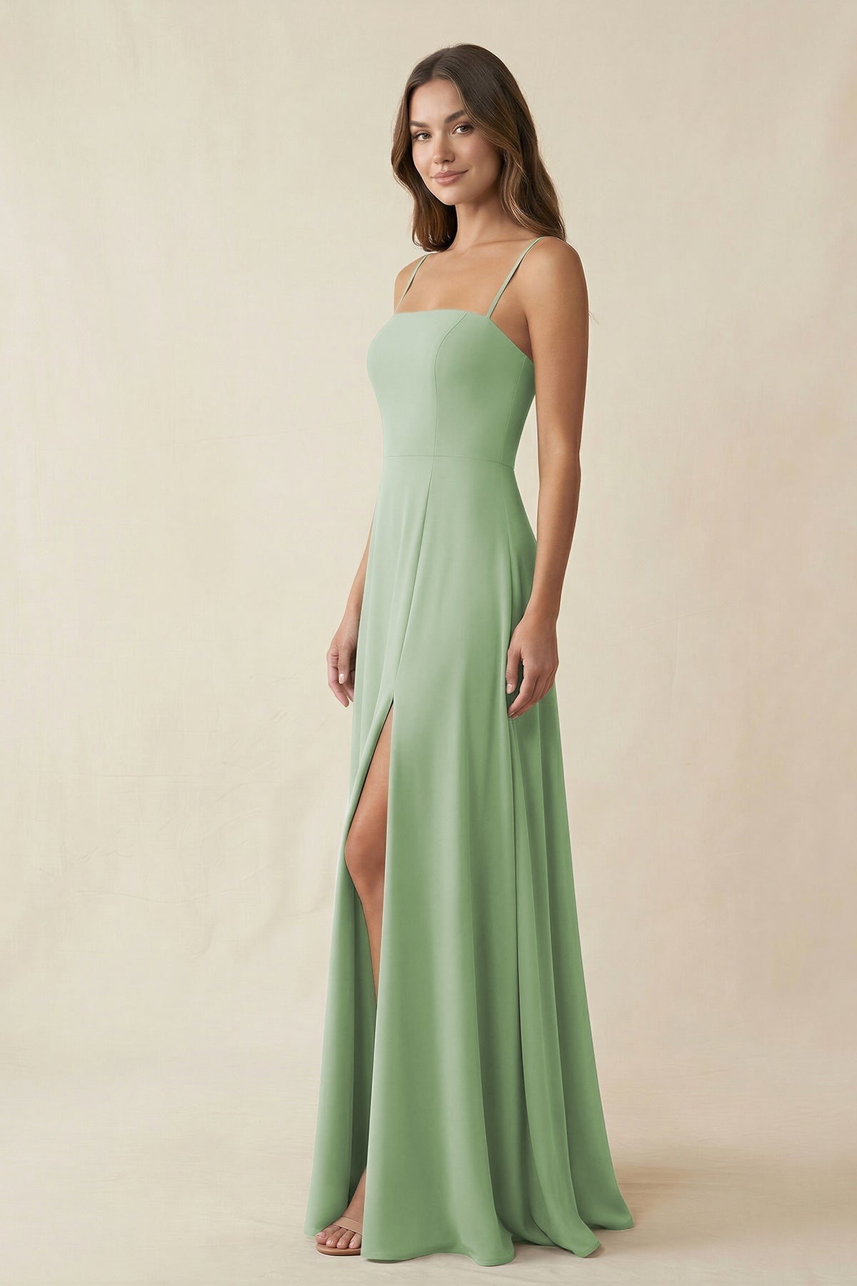 Spaghetti Strap A-Line Chiffon Maxi Bridesmaid Dress in Sage