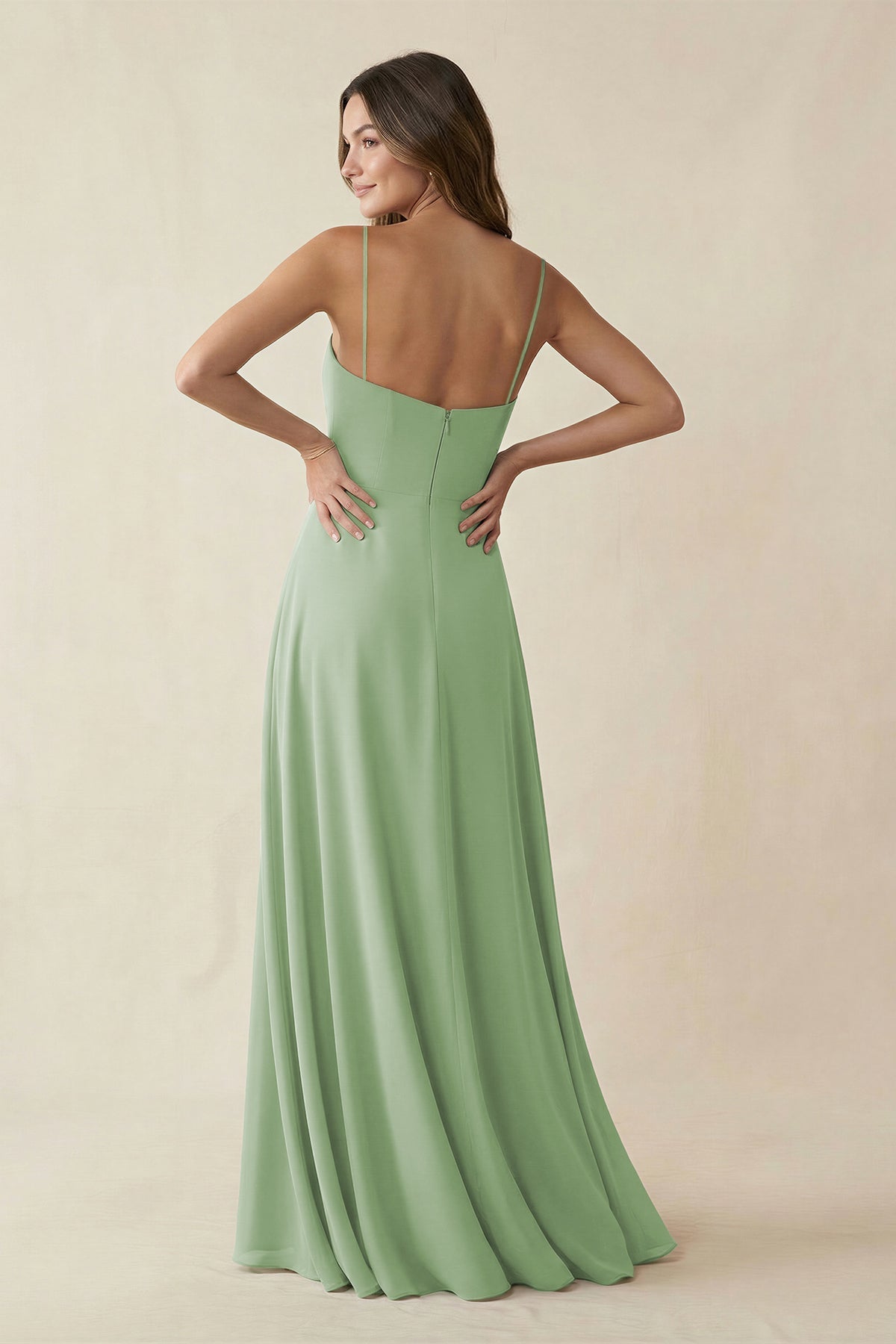 Spaghetti Strap A-Line Chiffon Maxi Bridesmaid Dress in Sage