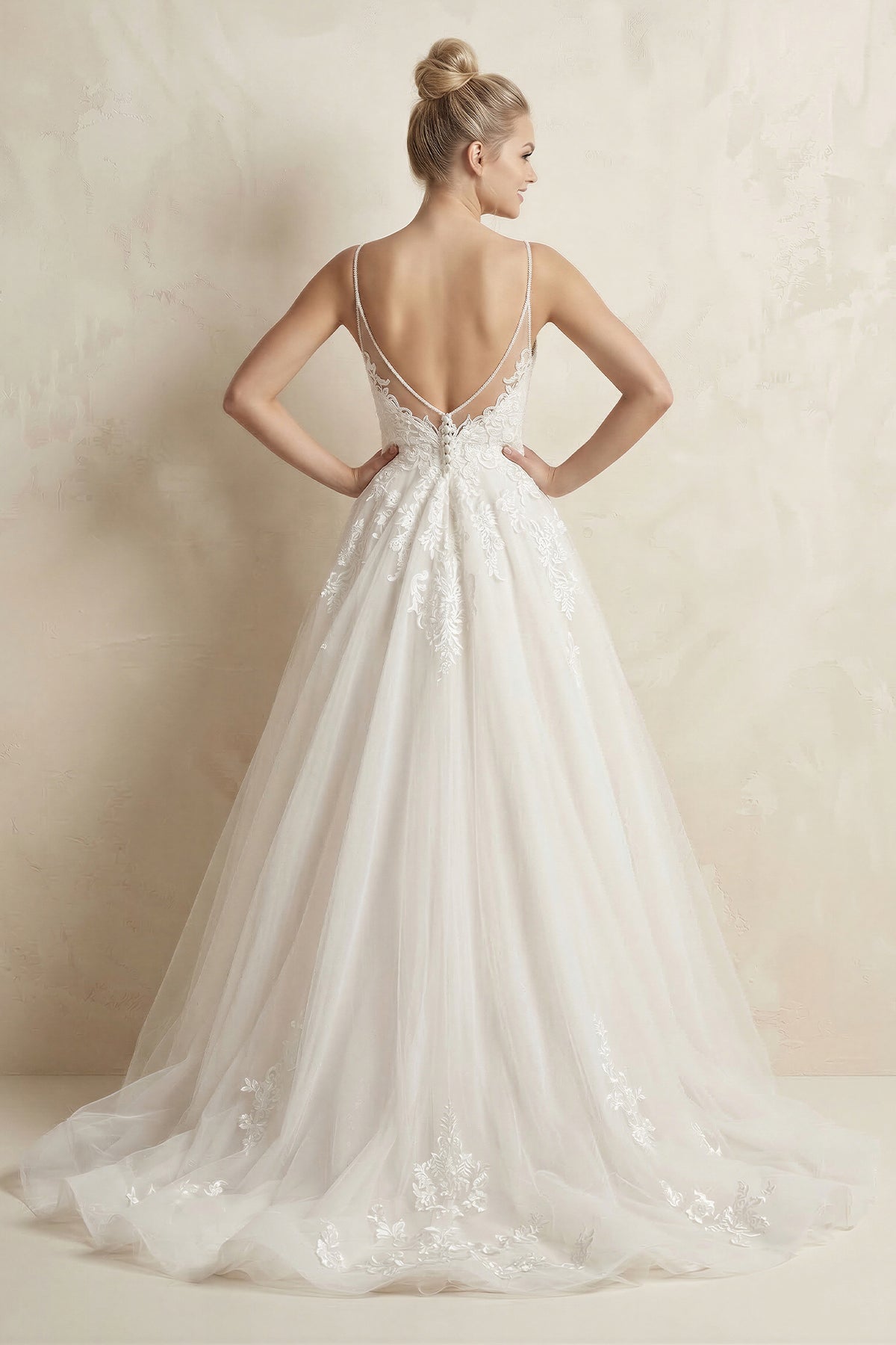 Spaghetti Strap Tulle Appliqued Wedding Dress in Ivory
