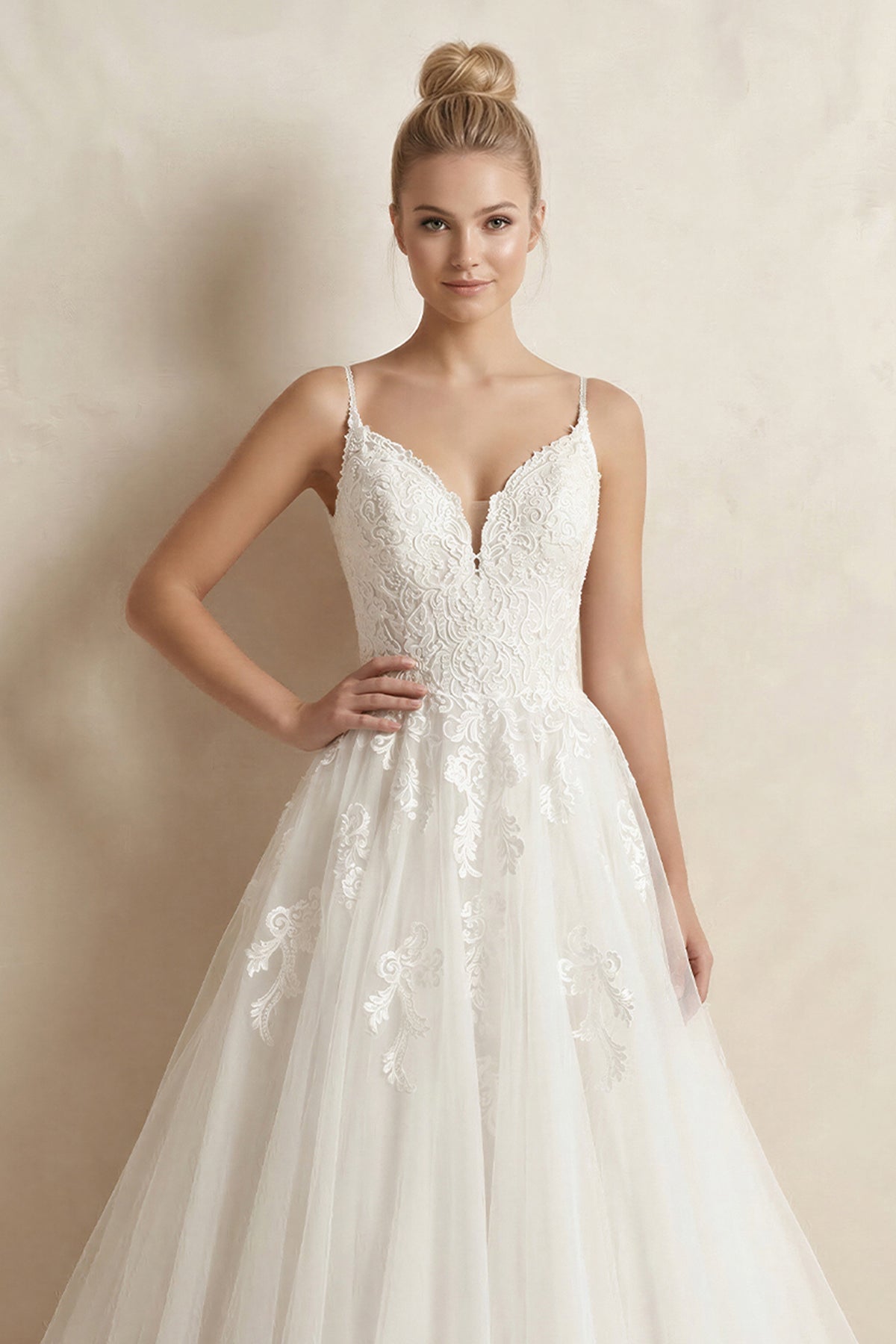 Spaghetti Strap Tulle Appliqued Wedding Dress in Ivory