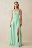 Spaghetti Strap Pleated A-Line Chiffon Bridesmaid Dress in Pale Pistachio