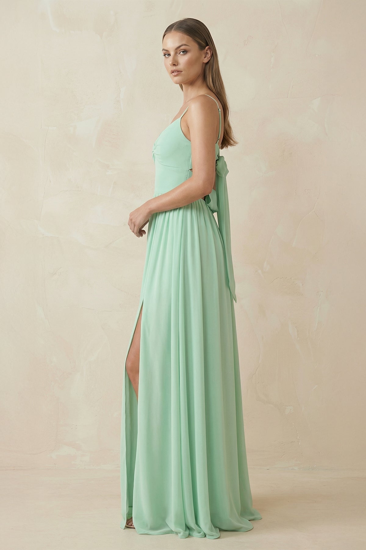 Spaghetti Strap Pleated A-Line Chiffon Bridesmaid Dress in Pale Pistachio