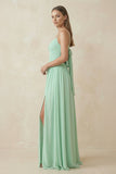 Spaghetti Strap Pleated A-Line Chiffon Bridesmaid Dress in Pale Pistachio