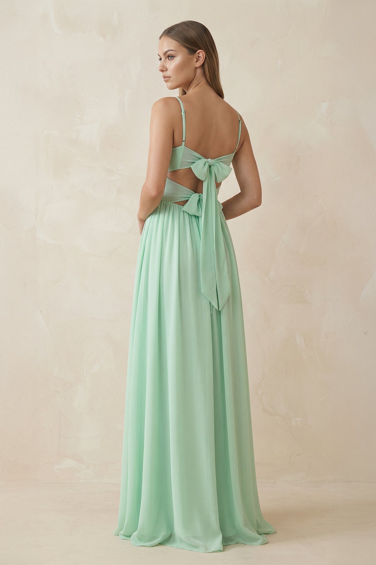 Spaghetti Strap Pleated A-Line Chiffon Bridesmaid Dress in Pale Pistachio