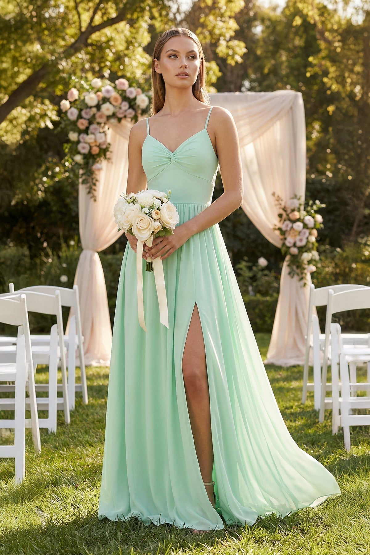 Spaghetti Strap Pleated A-Line Chiffon Bridesmaid Dress in Pale Pistachio