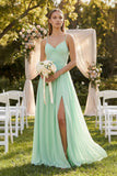 Spaghetti Strap Pleated A-Line Chiffon Bridesmaid Dress in Pale Pistachio