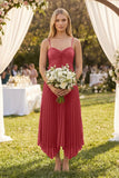 Spaghetti Strap Pleated A-Line Chiffon Midi Bridesmaid Dress in Desert Rose