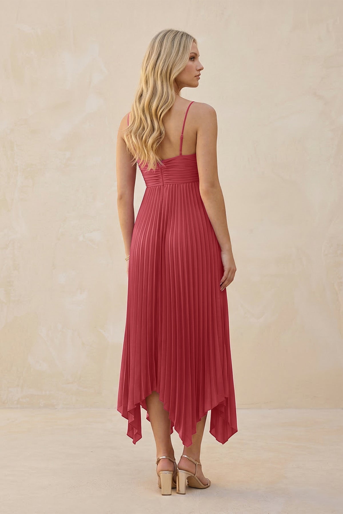 Spaghetti Strap Pleated A-Line Chiffon Midi Bridesmaid Dress in Desert Rose