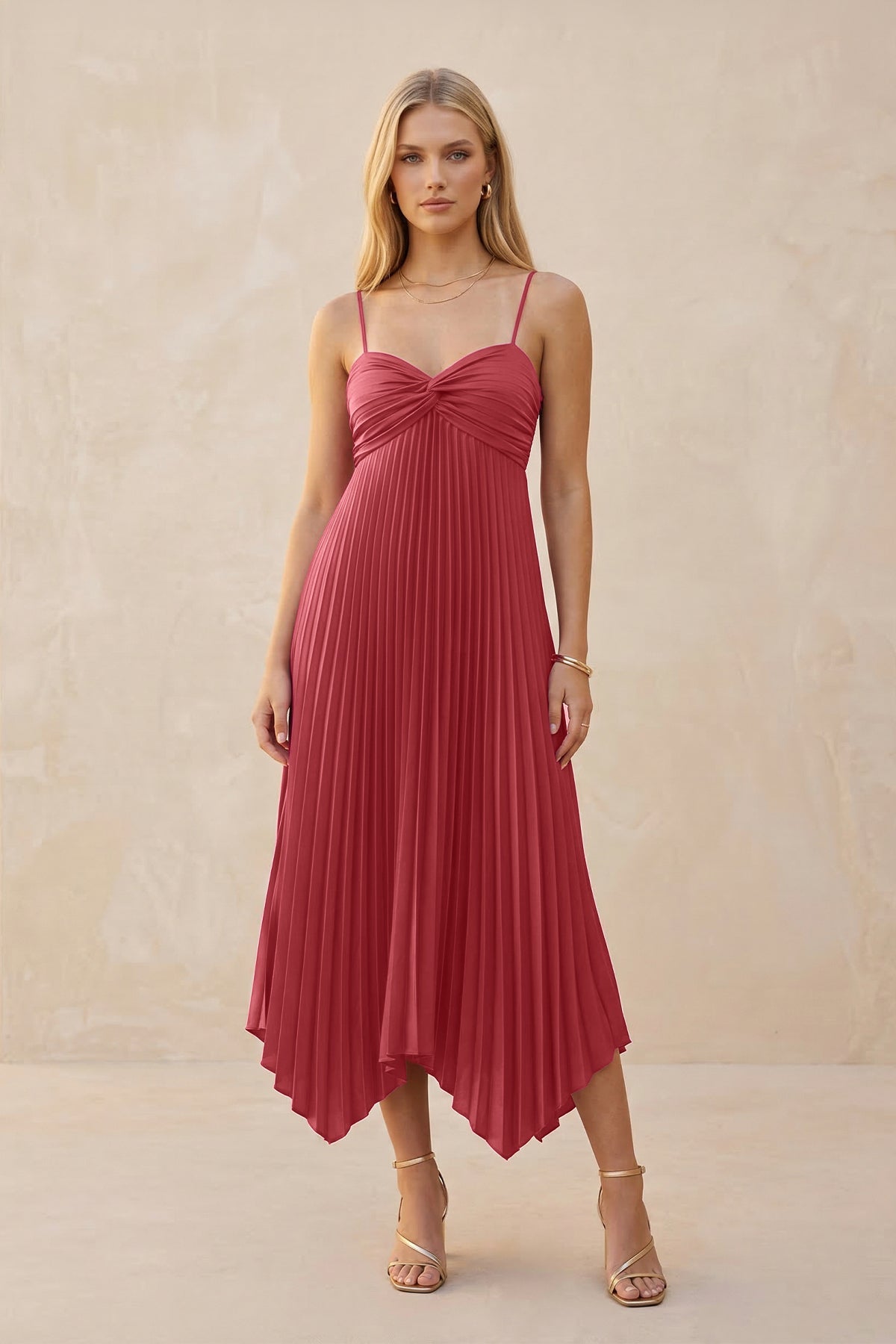 Spaghetti Strap Pleated A-Line Chiffon Midi Bridesmaid Dress in Desert Rose