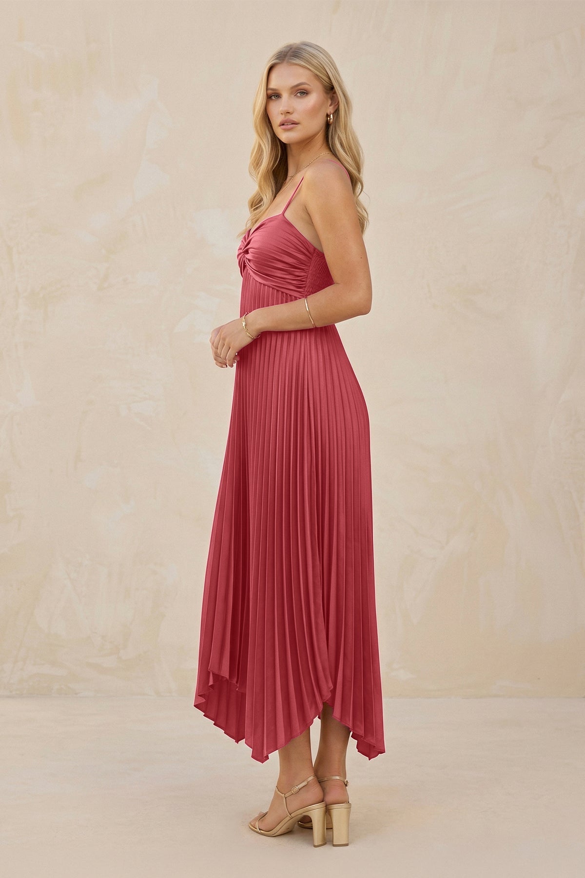Spaghetti Strap Pleated A-Line Chiffon Midi Bridesmaid Dress in Desert Rose
