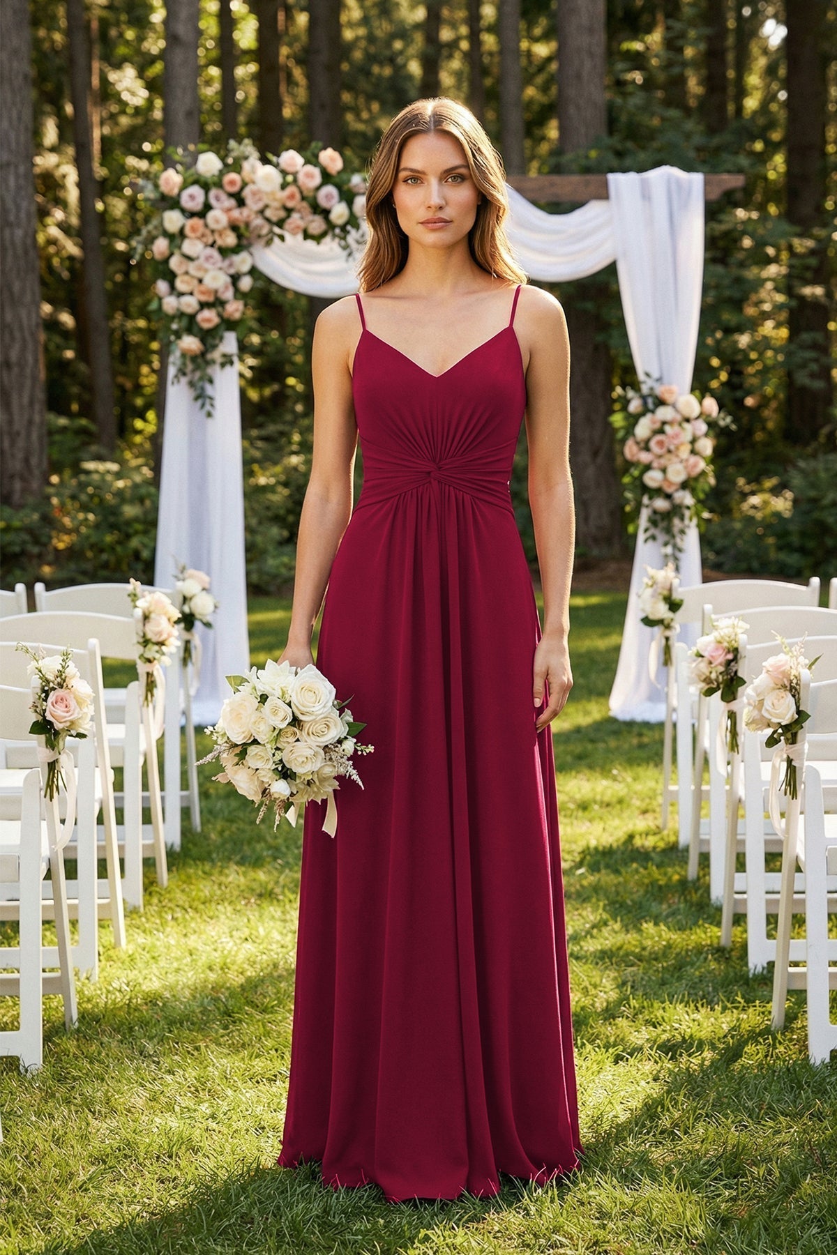 Spaghetti Strap Ruched Chiffon A-Line Bridesmaid Dress in Berry