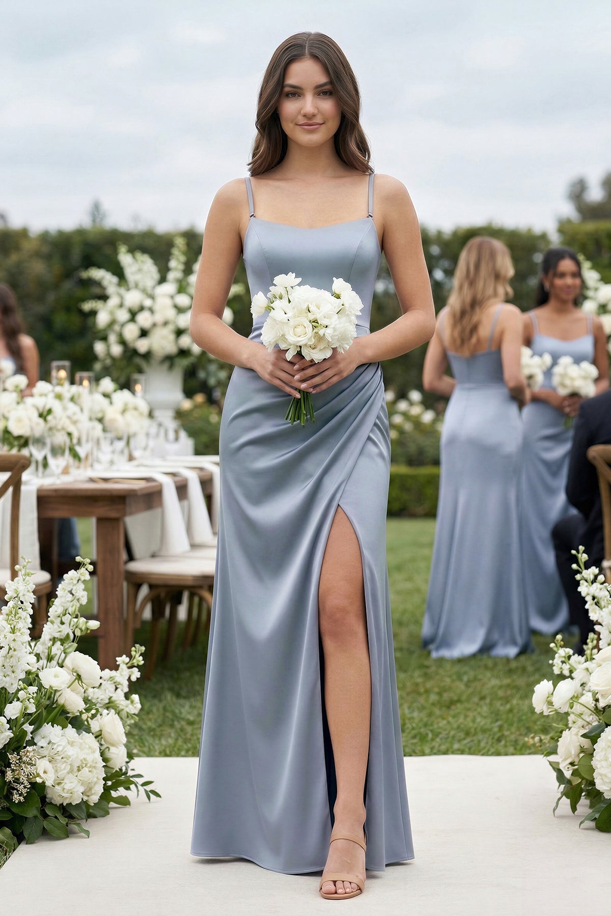 Spaghetti Strap Ruched Sheath Satin Bridesmaid Dress in Twilight