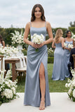 Spaghetti Strap Ruched Sheath Satin Bridesmaid Dress in Twilight