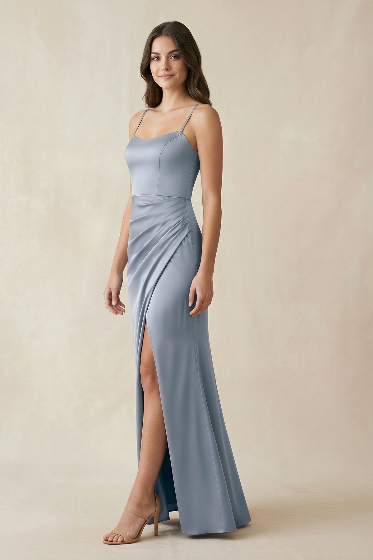 Spaghetti Strap Ruched Sheath Satin Bridesmaid Dress in Twilight