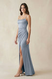 Spaghetti Strap Ruched Sheath Satin Bridesmaid Dress in Twilight