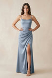 Spaghetti Strap Ruched Sheath Satin Bridesmaid Dress in Twilight