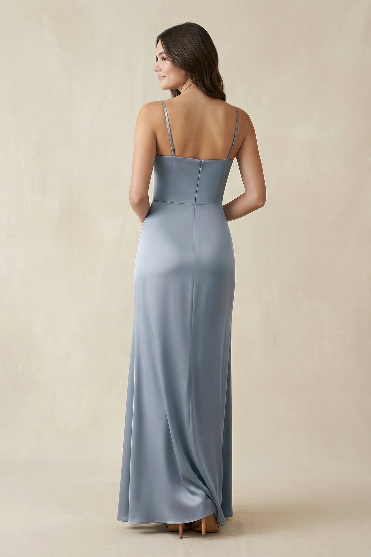 Spaghetti Strap Ruched Sheath Satin Bridesmaid Dress in Twilight