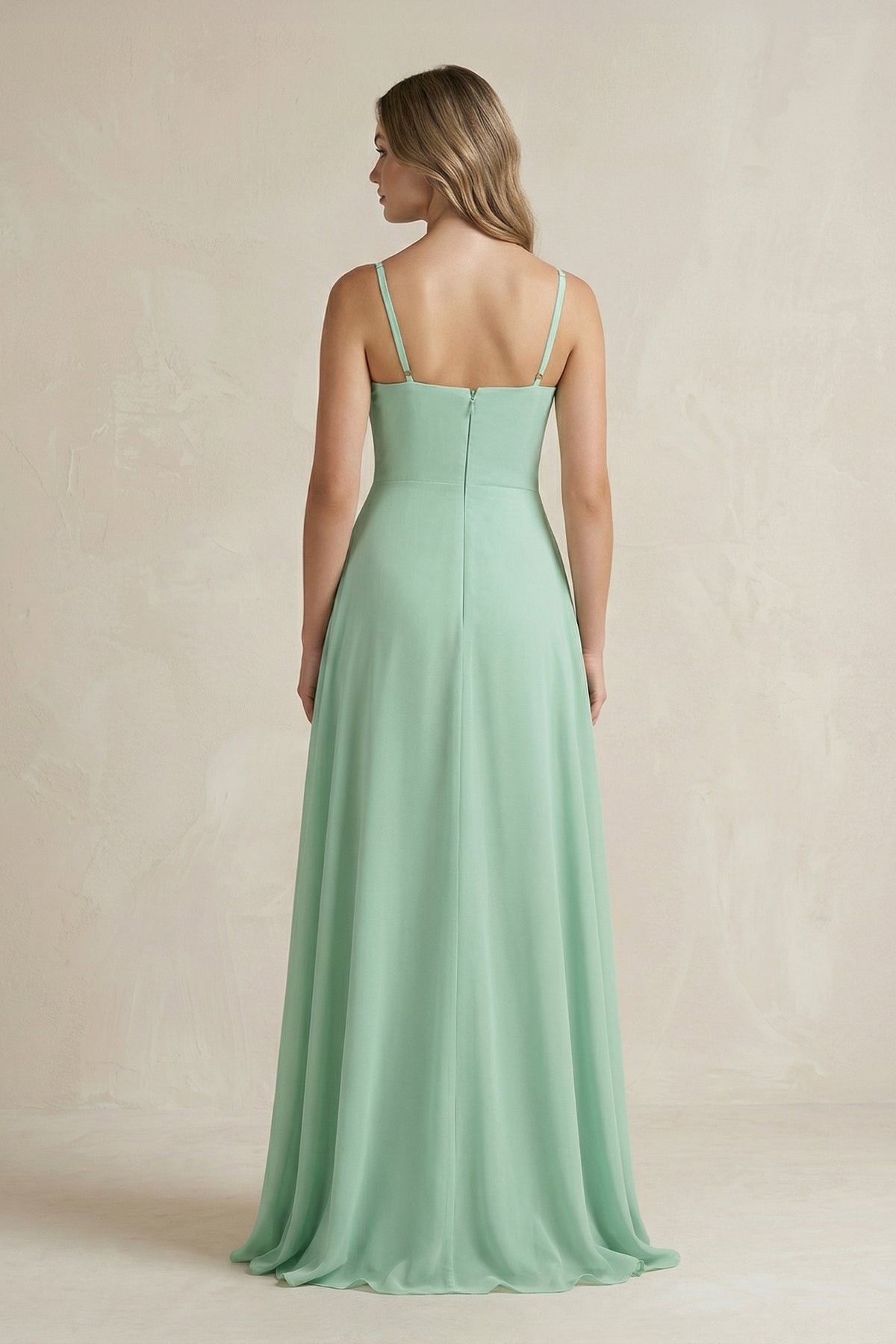 Spaghetti Strap Ruffled A-Line Chiffon Bridesmaid Dress in Pale Pistachio