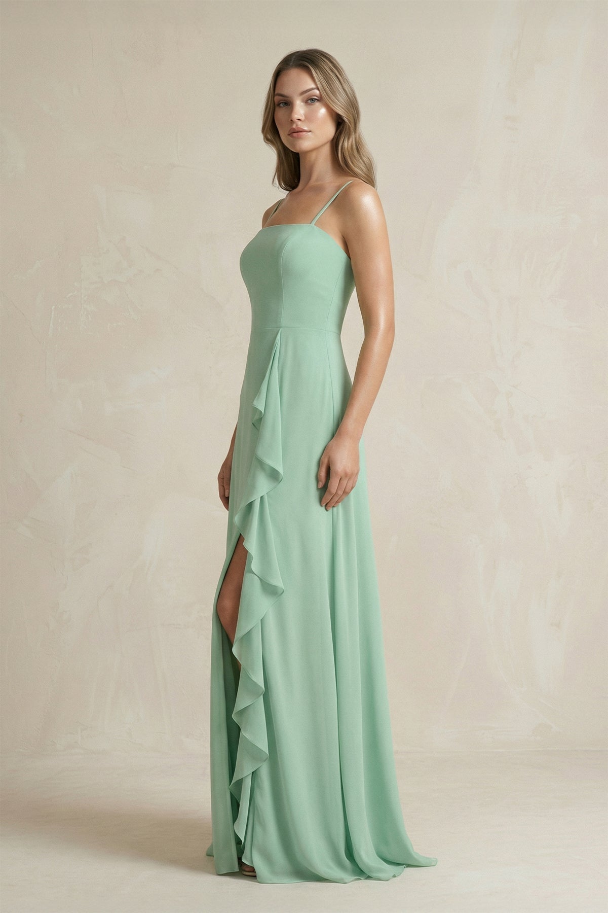 Spaghetti Strap Ruffled A-Line Chiffon Bridesmaid Dress in Pale Pistachio