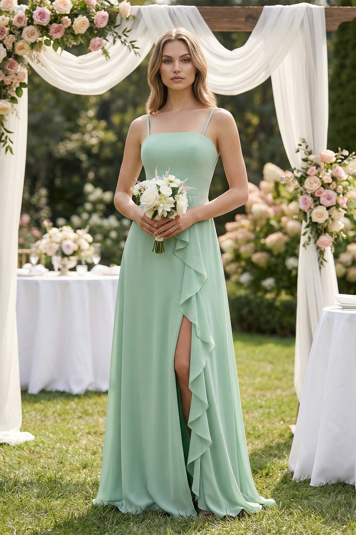 Spaghetti Strap Ruffled A-Line Chiffon Bridesmaid Dress in Pale Pistachio