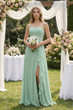 Spaghetti Strap Ruffled A-Line Chiffon Bridesmaid Dress in Pale Pistachio