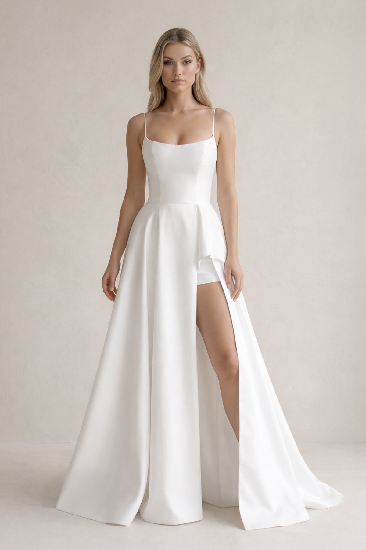 Spaghetti Strap Satin A-Line Wedding Dress With Slit in White