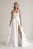 Spaghetti Strap Satin A-Line Wedding Dress With Slit in White