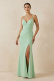 Spaghetti Strap Sheath Chiffon Bridesmaid Dress With Slit in Pale Pistachio