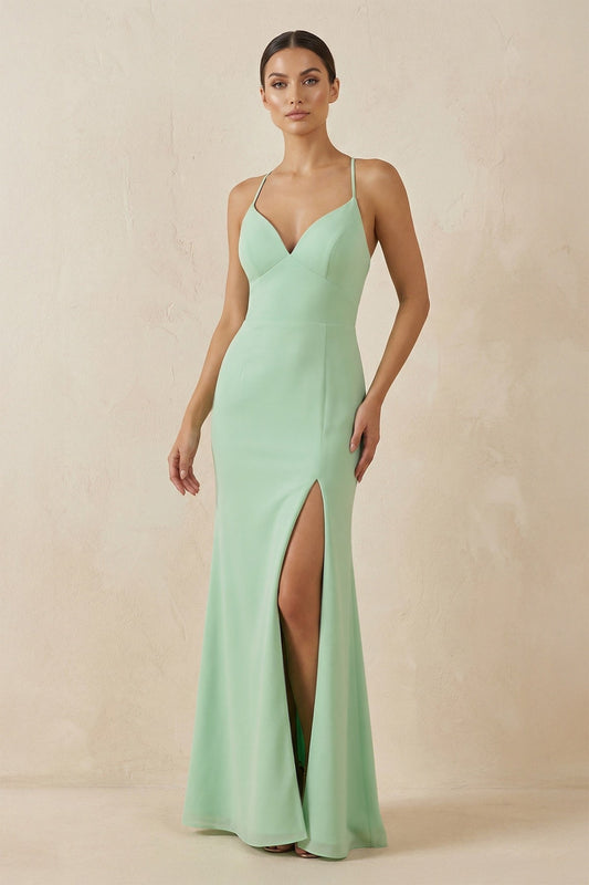 Spaghetti Strap Sheath Chiffon Bridesmaid Dress With Slit in Pale Pistachio