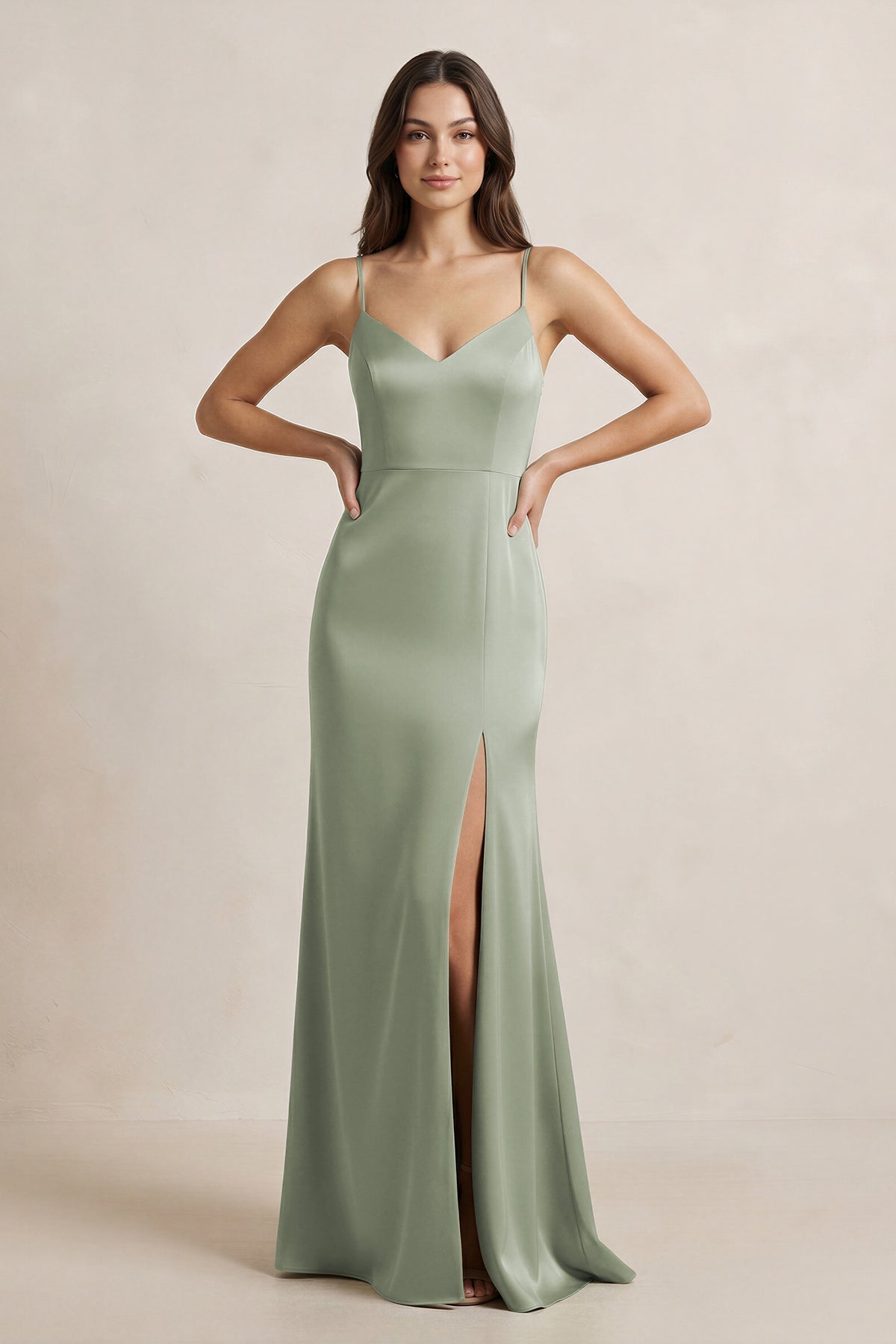 Spaghetti Strap Sheath Satin Bridesmaid Dress in Dove Gray