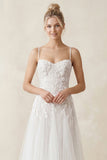 Spaghetti Straps A-Line Tulle Appliqued Wedding Dress in White
