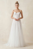 Spaghetti Straps A-Line Tulle Appliqued Wedding Dress in White