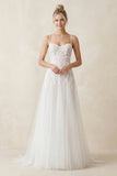 Spaghetti Straps A-Line Tulle Appliqued Wedding Dress in White
