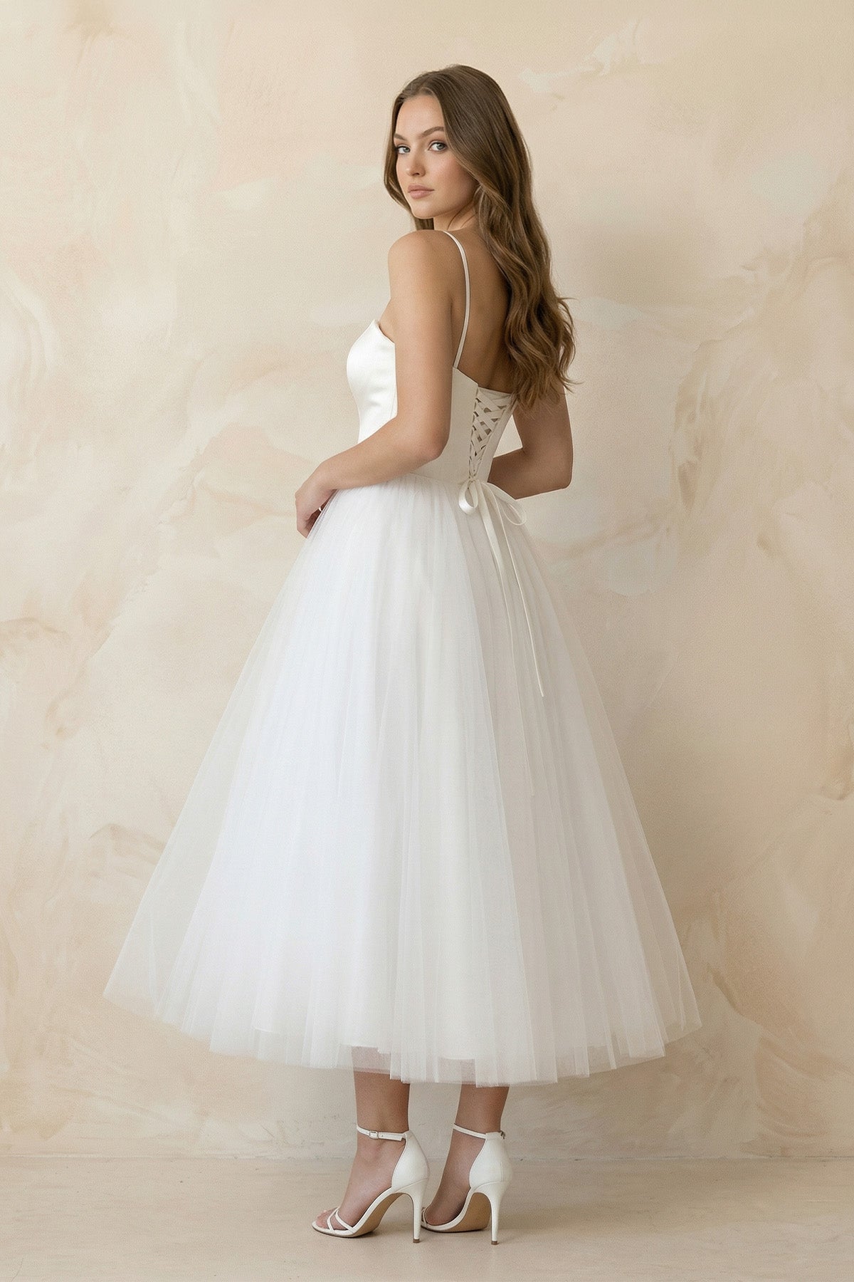 A-Line Spaghetti Straps White Satin Tulle Tea-Length Wedding Dresses