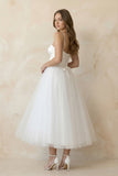 A-Line Spaghetti Straps White Satin Tulle Tea-Length Wedding Dresses