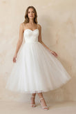 A-Line Spaghetti Straps White Satin Tulle Tea-Length Wedding Dresses