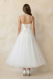 A-Line Spaghetti Straps White Satin Tulle Tea-Length Wedding Dresses