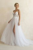 Spaghetti Straps V-Neck Lace Appliques A-line Tulle Rustic Wedding Dress